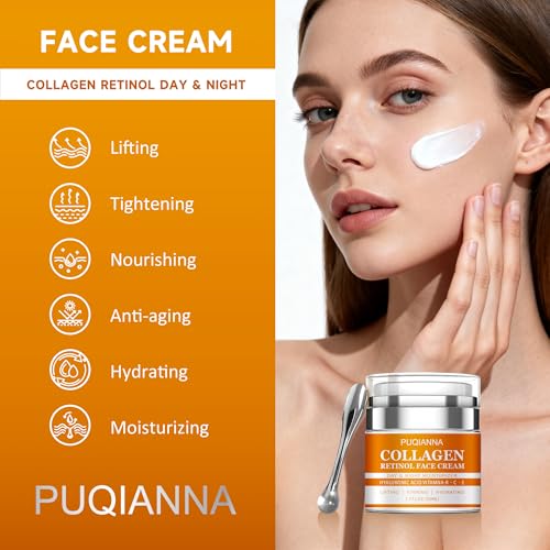 PUQIANNA Instant Face Lift Cream with Collagen & Retinol - Day and Night Face Moisturizer, Anti-Aging Firming Cream with Hyaluronic Acid & Vitamin B C E, Hydrating Lifting Face Cream, 1.7 Fl Oz