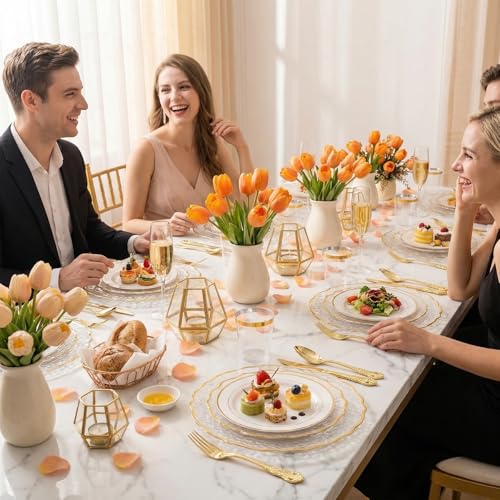 N9R 300PCS Gold Plastic Silverware Set - Vintage Disposable Utensils for Parties
