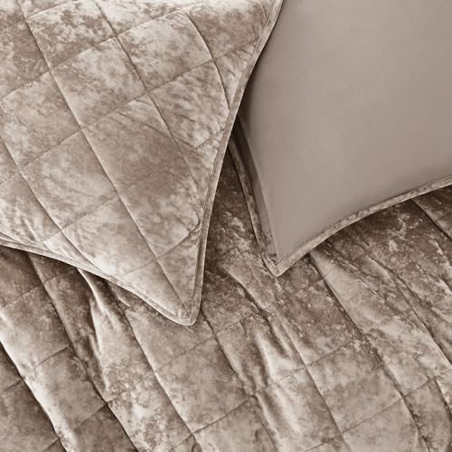 Light Brown Queen Velvet Quilt Set with Diamond Stitch Pattern - All-Season Bedding