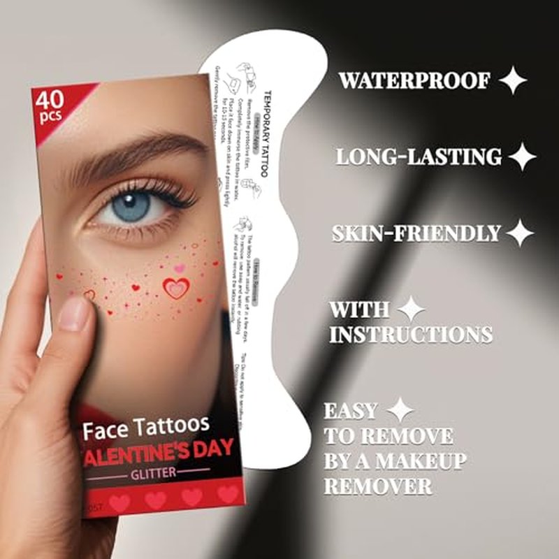 Cerlaza Valentines Day Accessories, 40 Pcs Valentines Temporary Tattoos Heart Glitter Freckles Face Stickers Makeup for Woman, Valentine's Day Trinkets Decorations Party Favors Goodie Bag Stuffers