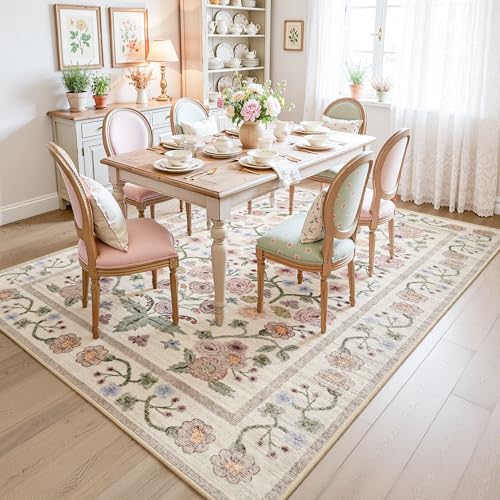 Pink Floral 6x9 Area Rug for Living Room & Bedroom Non-Slip Faux Wool