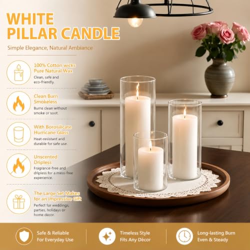 12-Piece White Pillar Candles with Glass Candle Holders - Elegant Wedding & Home Decor