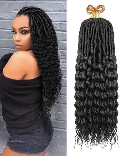 24 Inch Deep Wave Faux Locs Crochet Hair - 8 Packs, 112 Strands, Natural Black