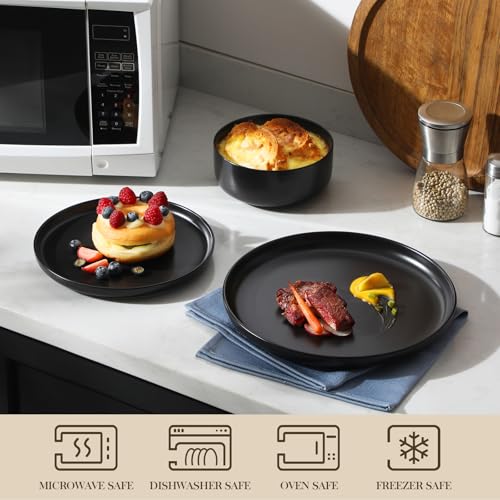 Black Porcelain Dinnerware Set for 4 - 12 Pieces Plates & Bowls, Microwave & Dishwasher Safe