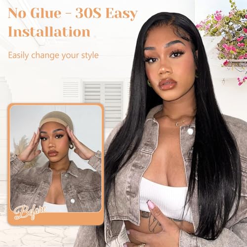 Black 24 Inch Wear and Go Glueless Straight Human Hair Lace Front Wig 6x4