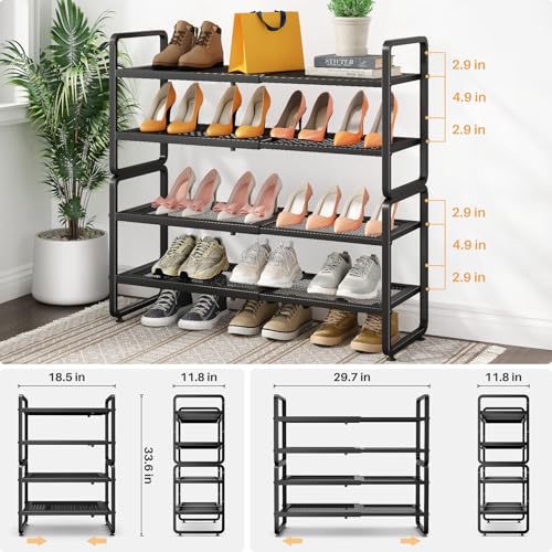 Expandable 4-Tier Metal Shoe Rack for Closet, Entryway & Garage - Black, Variation of 18.5-29.7 Inches