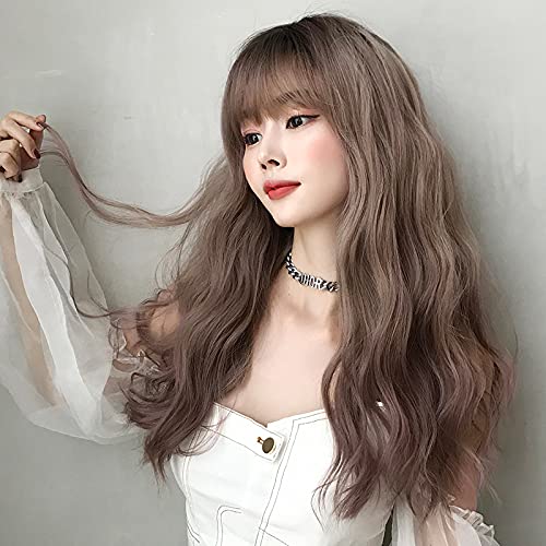 AIKO PRO Gray Pink Long Curly Wavy Wig with Bangs, 23-inch Synthetic Hair for Cosplay & Daily Wear