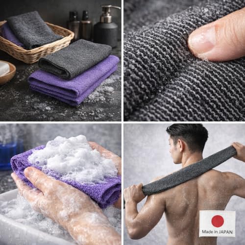 Terra Distribution Extra Long Exfoliating Washcloth (2pc) Made in Japan – Ultra-Hard Back Scrubber Loofah Set, Black & Purple