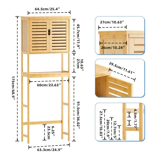 Bathroom Over Toilet Storage Cabinet - Natural Bamboo, 2 Doors & Adjustable Shelves
