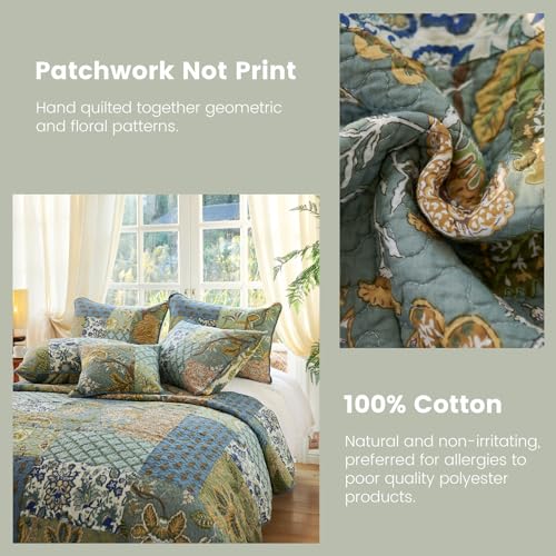 King Size Cotton Comforter Set - Sage Patchwork Reversible Bedding with 2 Pillow Shams, 96x108 Inches