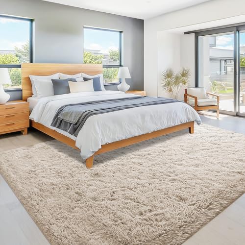 Camel 8x10 Fuzzy Shag Area Rug for Living Room and Bedroom - Washable Plush Carpet