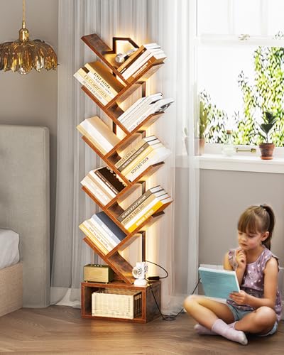 Small Vintage Tree Bookshelf with RGB LED Lights, 8-Tier Space-Saving Design