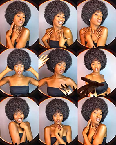 Short Afro Wig with Bangs for Black Women - 70s Kinky Curly Premium Synthetic Wig, Natural Black