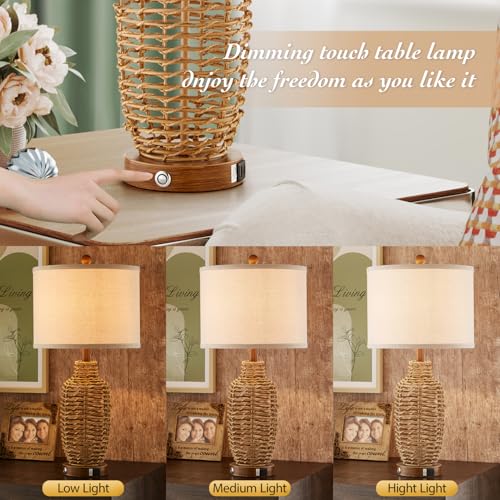 Natural Rattan Table Lamps Set of 2 with USB Ports - Dimmable Touch Control, Farmhouse Rustic Wicker Lamps for Bedroom Living Room Office