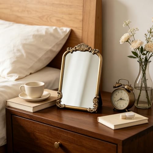 Vintage Small Vanity Mirror with Stand - Gold 12L x 8.5W Antique Table Desk Mirror