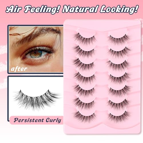 Natural Cat Eye Lashes Wispy Eyelashes 14mm Lightweight False Eyelashes 3D Volume Natural Lashes 0.1mm Thin Cotton Band Lash Strips Pack C Curl Soft Eyelash 7 Pairs Siligli