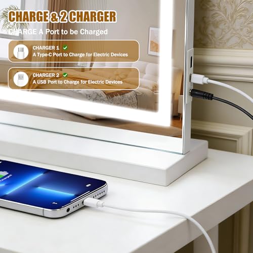 White 23x19 Inch LED Lighted Vanity Mirror with 3 Color Modes & Dimmable Brightness