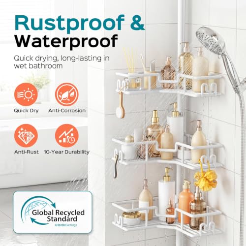 HAMITOR Corner Shower Organizer 4-Tier Tension Pole Caddy, White - Wire Baskets