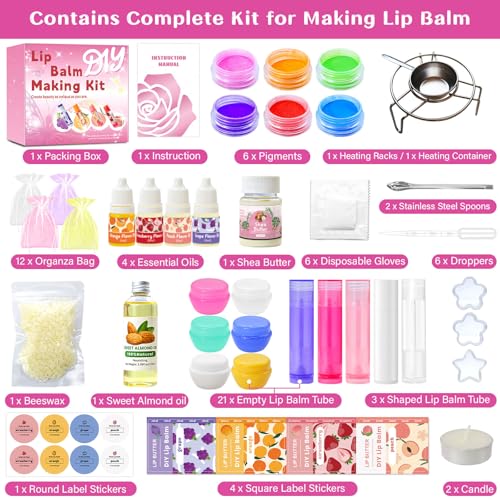 DIY Lip Balm Making Kit for Adults to Make Your Own Moisturizing Lip Balms with Natural Beeswax, Lip Base Oil, Essential Oil, Empty Lip Balm Tubes£¬Birthday Christmas Gift