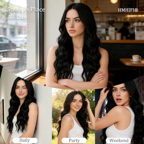 Black Wavy Wig for Women 26 Inch Middle Part Curly Synthetic Hair - Natural Black