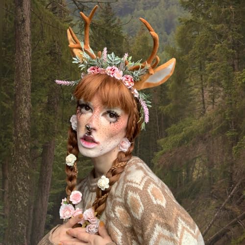 MOSTORY Handmade Antler Headband with Flowers & Ears - Brown-Pink Variation
