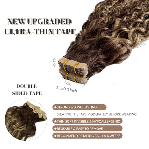 Water Wave Tape in Hair Extensions - Ombre Brown Honey Blonde Highlights, 14 Inch, 50g/Pack, 20pcs, Reusable Invisible Tape, Natural Remy Human Hair - Variation #4/27/4(WW)