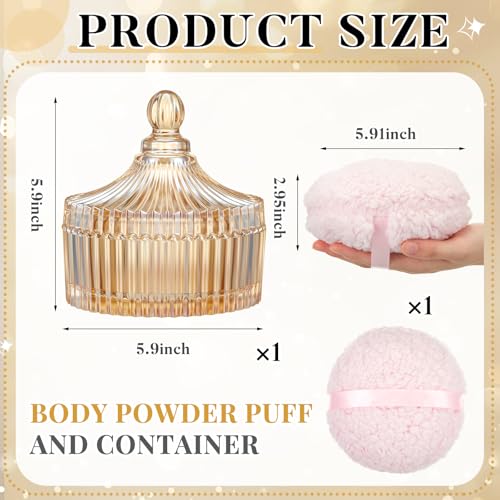 Tioncy Amber Glass Jar with Large Powder Puff Set – 6 Inch Makeup & Body Powder Container, Elegant Cosmetic Organizer, 2 Pieces