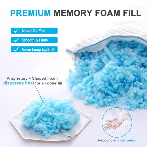 King Size Shredded Memory Foam Bed Pillows Set of 4 - Adjustable Support, Cooling Cover