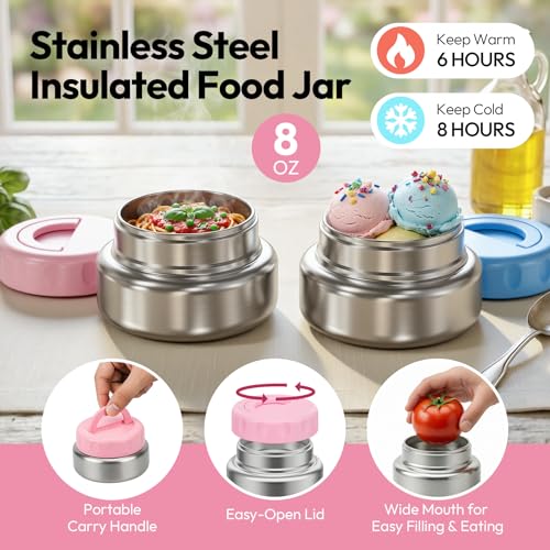 Pink Stainless Steel Bento Lunch Box with 8oz Insulated Food Jar & 3 Compartments