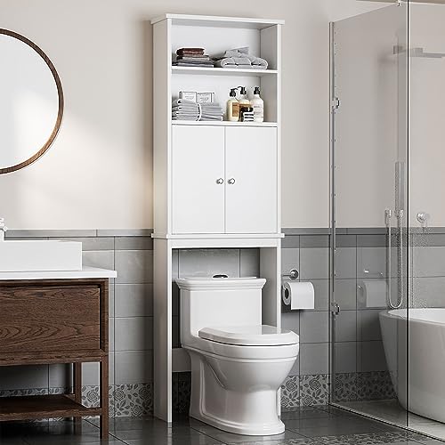 Over the Toilet Storage Cabinet with 2 Open Shelves and Door - White, 2-Tier Bathroom Organizer