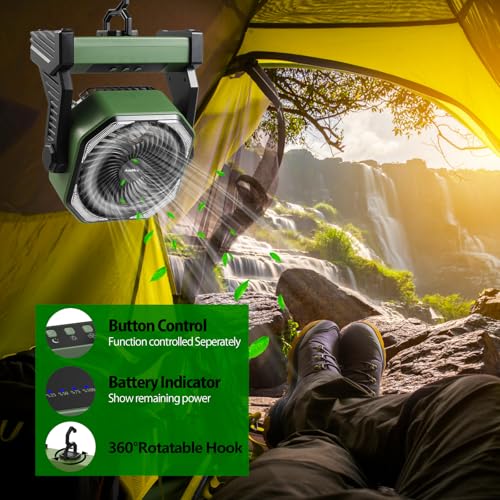 Green 20000mAh Rechargeable Camping Fan with 400LM Light & 360° Hook