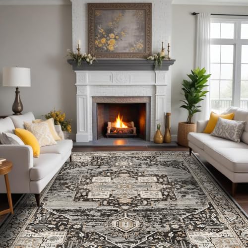 RUUGME 8x10 Black Washable Area Rug Vintage Style Non Slip Carpet for Living Room and Bedroom