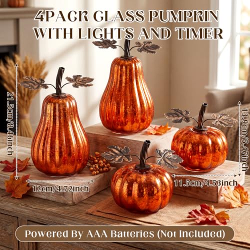 Lighted Glass Pumpkin Decor Set - Fall Thanksgiving Halloween Orange 4 Pcs