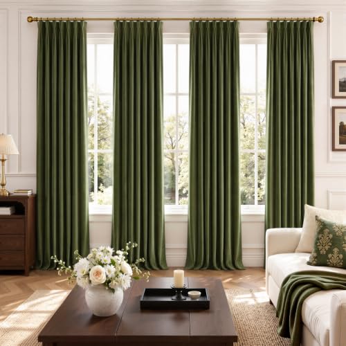 Olive Green Velvet Pinch Pleated Curtains 4 Panels Set, 40"W x 96"L, Blackout