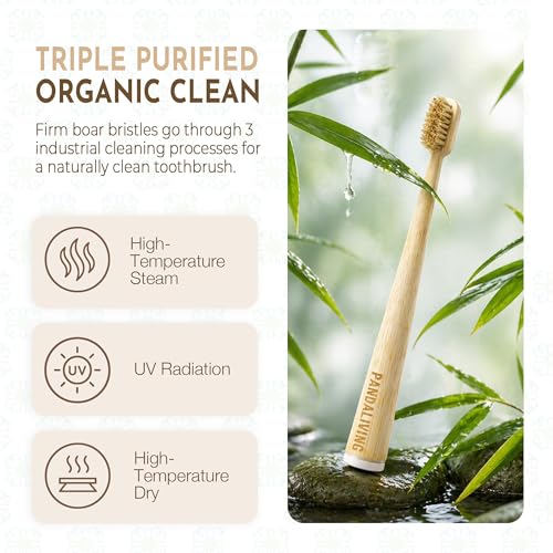 Boar Hair Hard Bristle Bamboo Toothbrush 5 Pack - Natural Organic, Eco-Friendly, Quick Dry