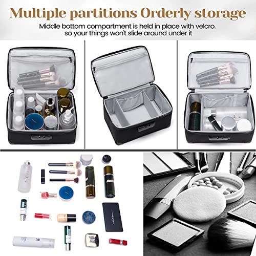 Portable Cosmetic Bag with Lock, Large Capacity Travel Makeup Case Organizer, Waterproof Makeup Bags for Girls Traveling With Handle and Divider Makeup Bag¡¦(Black)