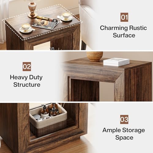 Rustic Brown 2-Tier End Table with Storage Shelf - Farmhouse Side Table, Small Size