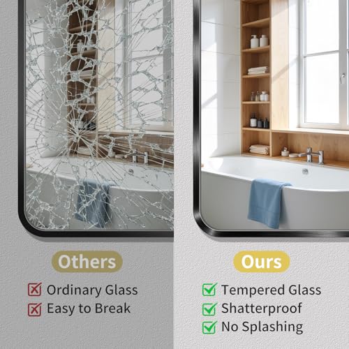 Black Bathroom Mirror 30x48 Inches Wall-Mounted Frameless Tempered Glass