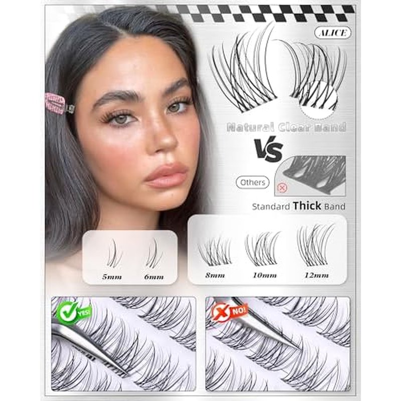 ALICE Short Lash Clusters Kit 8mm-10mm-12mm Natural Clear Band Cluster Eyelash Extension Kit Wispy Eyelash Clusters Kit with Bottom Lashes Bond and Seal DIY at Home