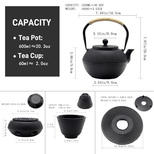 YJX 1200ml Cast Iron Teapot Set with Warmer - Japanese Stovetop Tea Kettle & Cups, Model 1