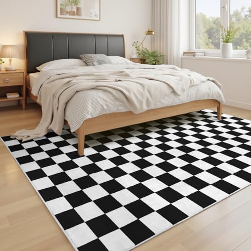 Black and White Checkered Area Rug 8x10 - Soft Non-Slip Floor Mat for Living Room & Home