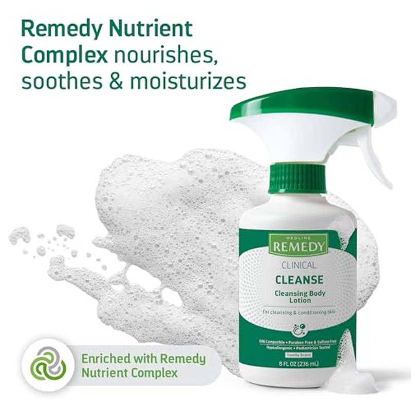Medline Remedy Clinical Cleansing Body Lotion, 8 Oz Spray Bottle, Vanilla Scent, No-Rinse Bedside Cleanser, Incontinence Care, Moisturizing, Skin Conditioning, Nutrient Rich, Sulfate-Free, Men, Women