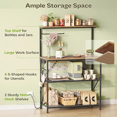 4-Tier Kitchen Storage Rack with Reversible Power Outlet - Rustic Brown, 31.5 Inch Microwave Stand & Coffee Bar