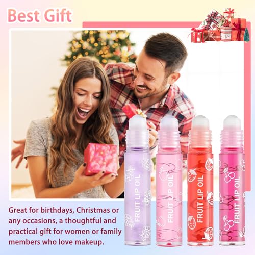 4PCS Roll On Lip Oil Set, Moisturizing Transparent Lip Glow Oil, Fruit Flavored Hydrating Roll On Plumping Lip Gloss Glossy Set, Long Lasting Non-sticky Shiny Lip Oil Makeup Gift Kit