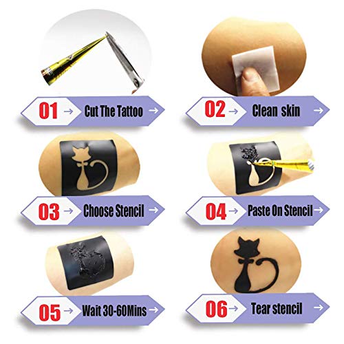 Tattoo Paste Cones, 6Pcs Semi Permanent Temporary Tattoos Kit, India Body DIY Art Painting for Women Men Teen, Summer Trend Freehand Paste with 3 Colors, 20 Adhesive Stencil, 1 Bottle, 4 Nozzles