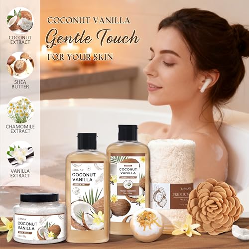 Spa Gift Set for Women - Coconut Vanilla Self Care Basket with Shower Gel & Bath Products