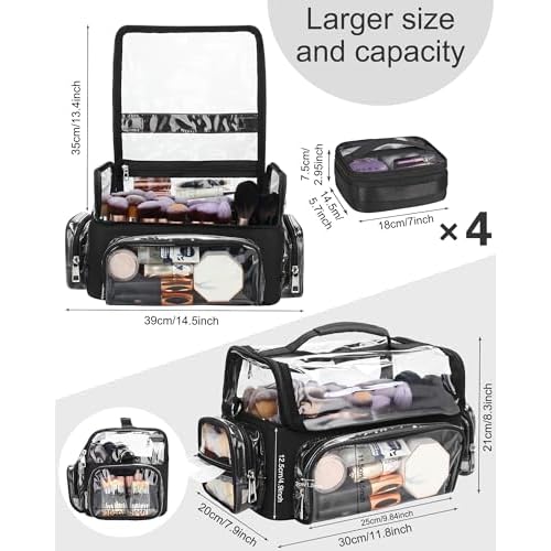 Makeup Brush Case With 4 Mini Bags, Extra Large Makeup Brush Bag XL Professional Makeup Artist Must Haves Travel Case with Stand Up Brush Slots Cosmetic Organizer Bag,with Adjustable Strap