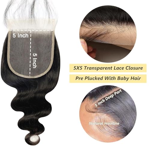 12 Inch 5x5 HD Lace Closure Body Wave Human Hair - Natural Color, Pre-Plucked, Bleached Knots, Transparent HD Lace - Black Women