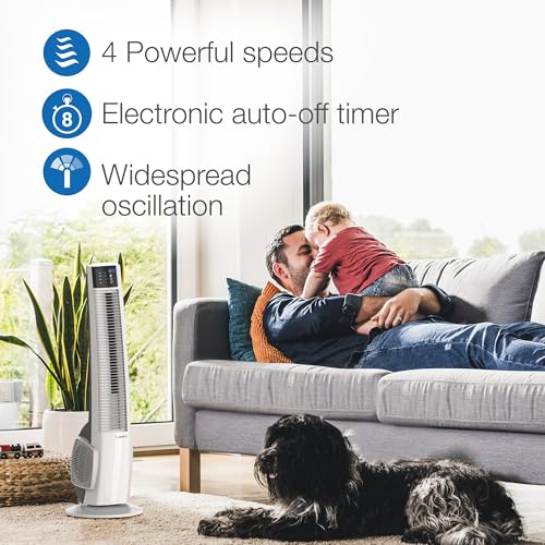 Lasko Oscillating Tower Fan with Remote Control for Bedroom & Office – 4 Quiet Speeds, 38" White, Model T38400