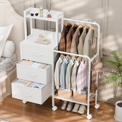 White Dresser with Double Hanging Racks, Wheels & Fabric Drawers - Bedroom Storage